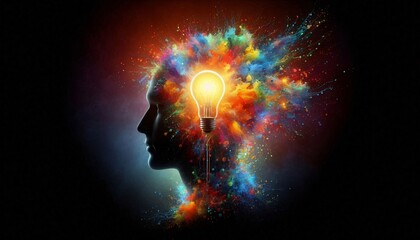 Illuminated Mind: The silhouette of a person's head is dramatically contrasted against a vibrant explosion of color, a luminous lightbulb illuminating the scene to represent ideas.