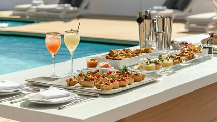 Poolside brunch buffet display with cocktails and appetizers
