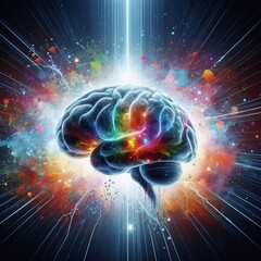Brain's Cosmic Brilliance: An artistic representation of a glowing brain emitting bursts of vibrant energy, a metaphor for consciousness and the power of thought.