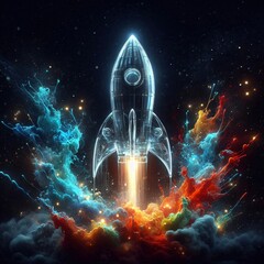 Rocket's Ascent in Space: A visionary image depicting a rocket launching amidst a vibrant nebula. The celestial scene creates a sense of wonder and forward momentum.