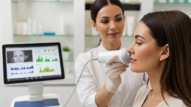 Woman undergoing professional skin analysis by cosmetologist with modern device. Female client receiving cosmetic treatment in beauty salon. Footage.