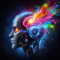 Digital Mind's Burst: A futuristic android's mind explodes with vibrant colors, symbolizing the fusion of technology and creativity, in a visually stunning digital art piece.
