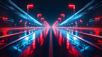 Fototapeta premium Futuristic Cityscape Neon Lights Reflecting on Wet Road at Night