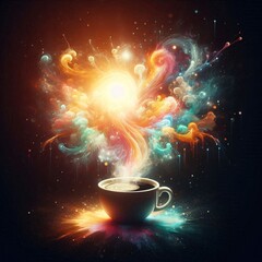 Mystical Coffee Aura: A steaming cup of coffee emanates vibrant, colorful vapor trails in an mesmerizing display of aromatic alchemy.