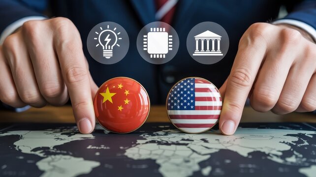 Flags of china and the united states on a world map with icons for innovation and technology.
