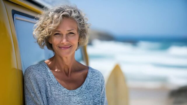 Confident woman by surfboard near camper van on beach