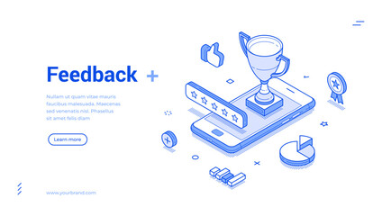 Obraz na płótnie Canvas Digital feedback system featuring a trophy on a smartphone. It emphasizes user satisfaction through ratings and social interactions, showcasing modern vector art. Isometric line banner template