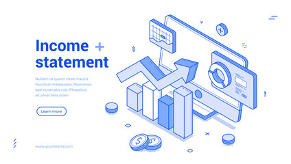 Modern banner template Income statement showcasing isometric line icons, graphs, and modern design features. Emphasizes financial data analysis, highlighting trends and metrics effectively.