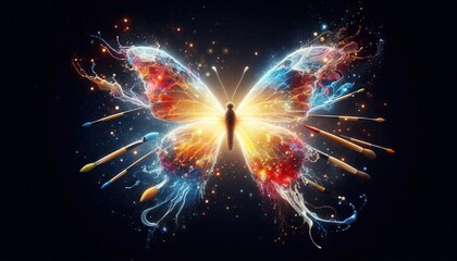 Celestial Wings: An ethereal butterfly, illuminated by radiant light, embodies transformation and delicate beauty, its vibrant wings sparking with celestial energy against a dark, mystical backdrop. 