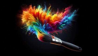 Creative Explosion: A vibrant explosion of colors bursts forth from a paint brush, illustrating the concepts of creativity, art, and imagination in this eye-catching and unique composition.