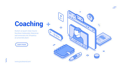 Modern isometric line banner template design displays a coaching session with a person participating in an online training setup.
