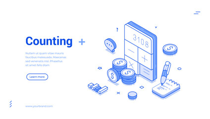 Isometric banner features counting elements including numeric displays, coins, and a notepad. The clean, modern design highlights financial activities and counting processes with clarity.