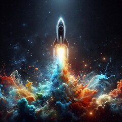 Soaring to the Cosmos: A digital artwork of a rocket launch, the vessel ascends into the star-studded expanse of space, trailed by a vibrant cloud of energy and wonder.