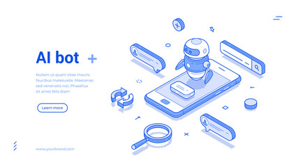Modern Isometric line banner template showcases an ai bot interacting with a smartphone, emphasizing modern technology