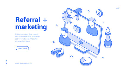 Isometric line banner illustrating referral marketing concepts. It includes characters, a megaphone, and icons associated with digital strategy.