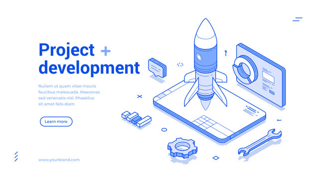 Project development in a modern isometric style featuring a rocket ready for launch, gears, and technology icons, conveying innovation and forward-thinking progress