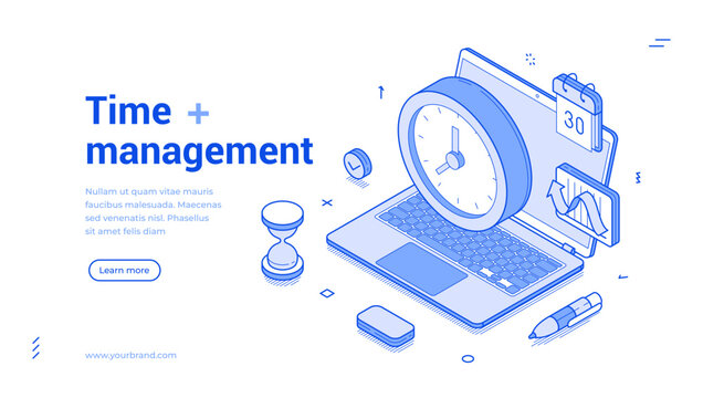 Isometric line banner showcases various elements of time management, including a clock, laptop, calendar, hourglass, and charts. It highlights essential tools for optimizing productivity.