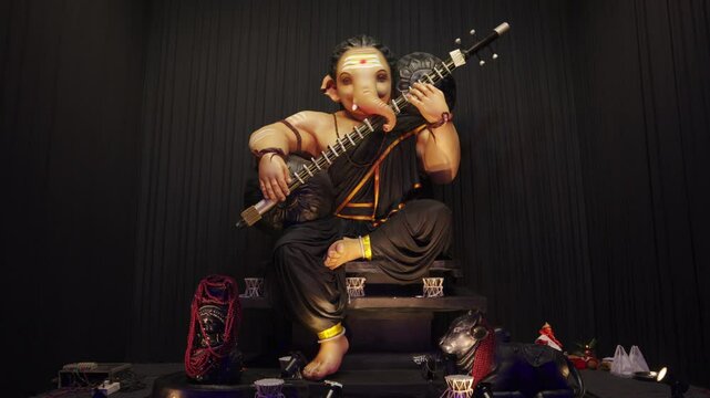 Cinematic shot of the pashupatinath theme Ganesh pandal during Ganesh Chaturthi.