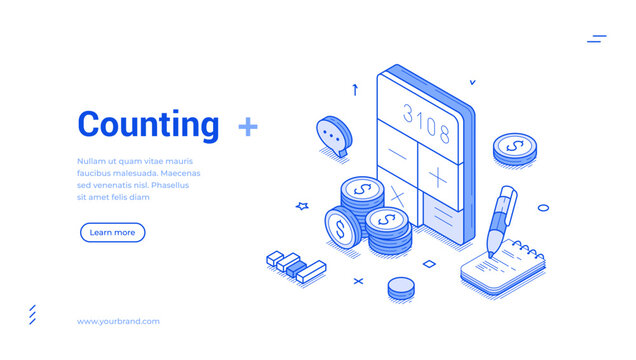 Isometric banner features counting elements including numeric displays, coins, and a notepad. The clean, modern design highlights financial activities and counting processes with clarity.