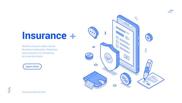 Isometric line banner highlighting insurance services, including a mobile device, documents, and a shield icon. It conveys modern digital solutions for insurance needs.