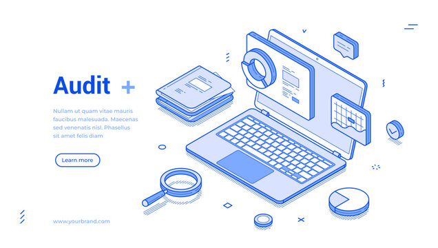 Stylish isometric line banner template showcases an audit process involving a laptop, charts, and files. Modern template highlights essential analytics tools for effective assessment practices.