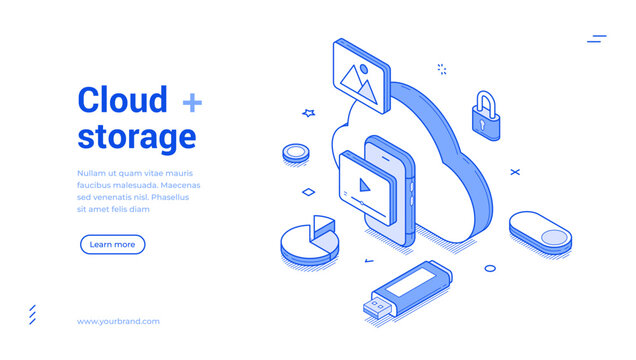 Modern isometric line banner illustrates cloud storage concepts, featuring a cloud icon, devices, and security elements. It serves as a template for digital presentations or tech promotions.