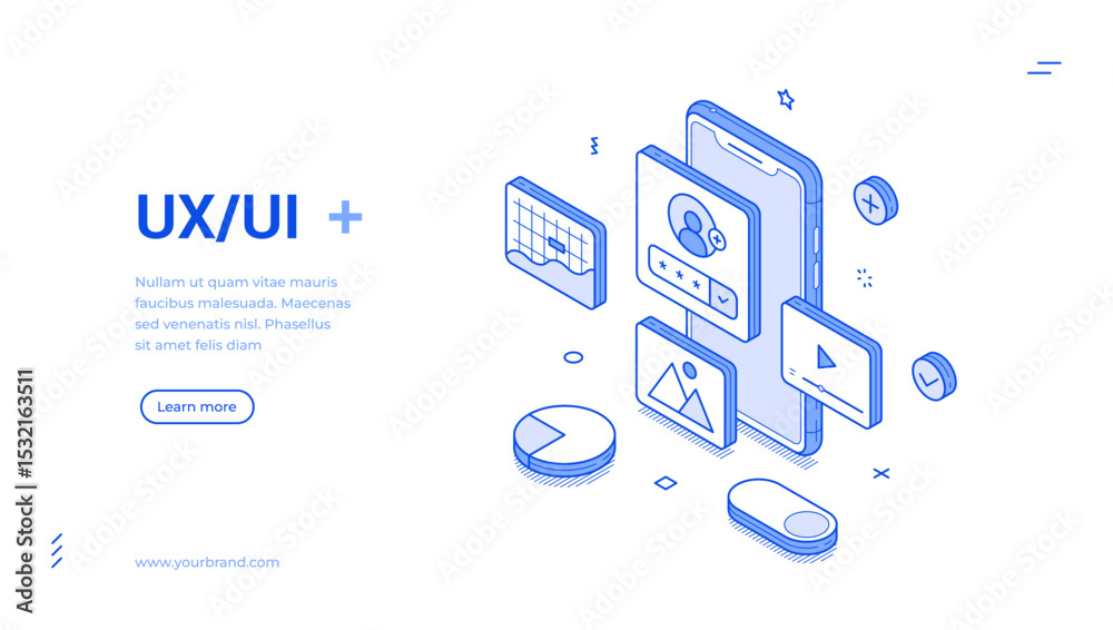 Poster creative illustration features isometric line art elements related to ux ui design. it highlights va