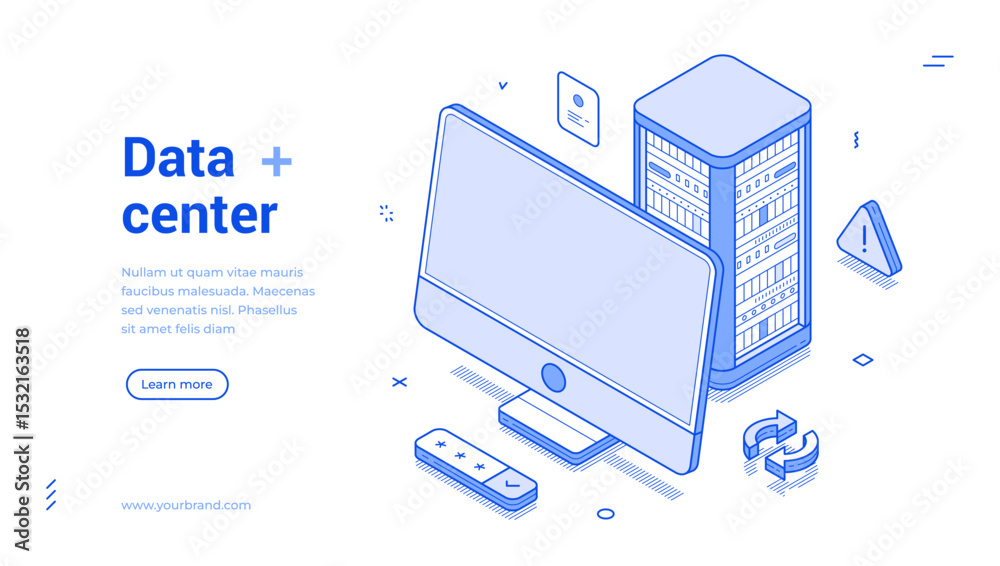 Poster isometric design of a data center with a computer monitor and server. the illustration highlights va