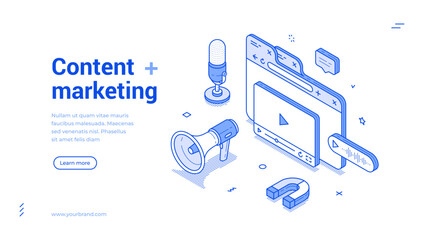 Illustration showcases modern isometric line design elements focused on content marketing. Features icons like microphones, speakers, and multimedia symbols to convey promotional strategies.
