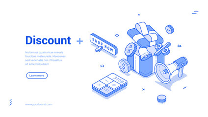 Isometric line banner showcases a variety of shopping elements including a gift box, calculator, and loudspeaker to illustrate ongoing discount promotions. It invites viewers to explore more.