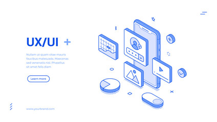 Creative illustration features isometric line art elements related to UX UI design. It highlights various digital icons and functionalities, promoting user interaction in a modern web environment.