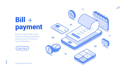 Isometric line illustration emphasizing the bill payment process. Features include a smartphone, receipt, calendar, and various payment tools in a sleek layout.