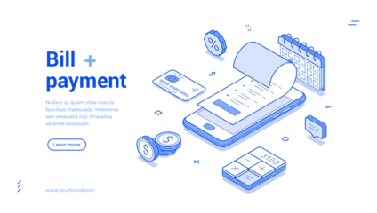 Fotobehang Isometric line illustration emphasizing the bill payment process. Features include a smartphone, receipt, calendar, and various payment tools in a sleek layout. © provectors