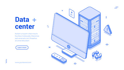 Isometric design of a data center with a computer monitor and server. The illustration highlights various features including security and connectivity in a clean, modern style.