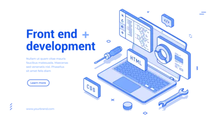 Fotobehang Isometric illustration depicts front-end development with a laptop, coding symbols, and tools, showcasing the significance of web development in todays tech landscape. © provectors
