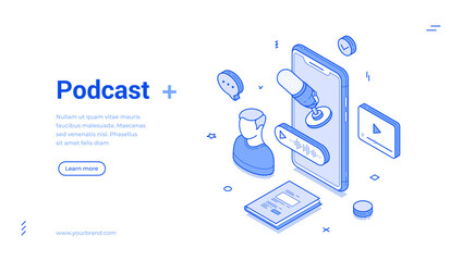 Isometric line art banner features vibrant podcast elements, including a microphone, audio waveforms, and visual representations of a listener.
