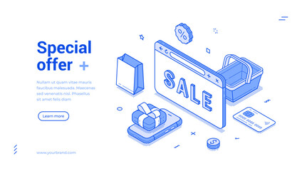 A vibrant isometric line banner showcases a special offer, including shopping elements like a gift box, sale sign, and shopping bag. It invites users to learn more about promotional deals available.