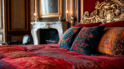 Luxurious bedroom with a large bed in the center. the bed has a red comforter with a floral pattern and two blue and orange throw pillows on top.