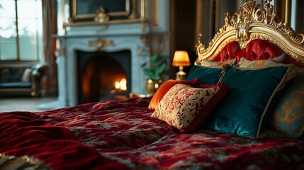 Luxurious bedroom with a large bed in the center. the bed has a red and gold headboard with intricate carvings and a tufted headboard.