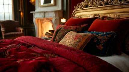 Luxurious bedroom with a large bed in the center. the bed has a gold headboard with intricate carvings and a red comforter.