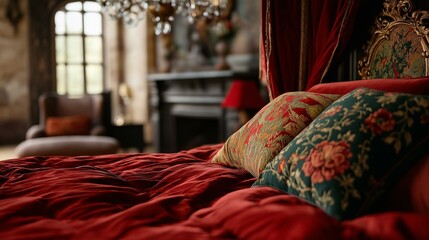 Luxurious bedroom with a large bed in the center. the bed is covered with a red comforter and two colorful throw pillows with floral patterns.