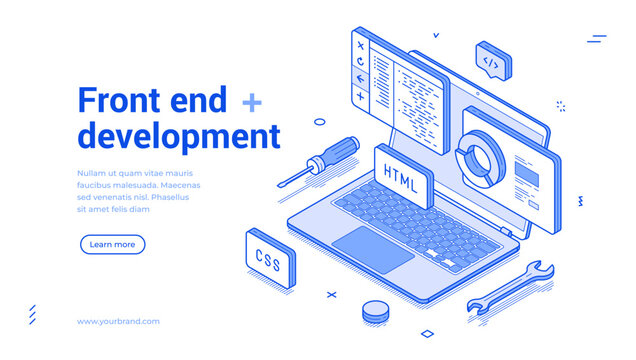 Isometric illustration depicts front-end development with a laptop, coding symbols, and tools, showcasing the significance of web development in todays tech landscape.