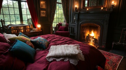 Cozy bedroom with a large bed in the center. the bed is covered with a red comforter and several colorful throw pillows in shades of blue, green, and pink.