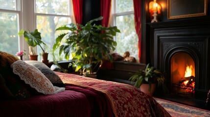 Cozy bedroom with a fireplace on the right side. the fireplace is made of wood and has a fire burning inside.