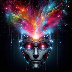 Artificial Intelligence Unleashed: A mesmerizing visualization of artificial intelligence with a robot head emitting a burst of vibrant colorful energy, symbolizing creativity and innovation.