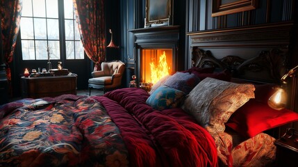 Luxurious bedroom with a large bed in the center. the bed is covered with a red and gold comforter and several colorful throw pillows.