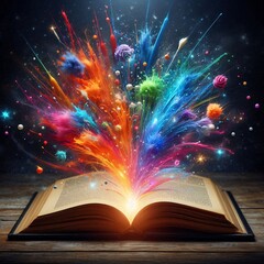 "Open Book of Imagination: An open book bursts forth with a radiant spectacle of multicolored light, creating a mesmerizing visual representation of the power of knowledge, fantasy.