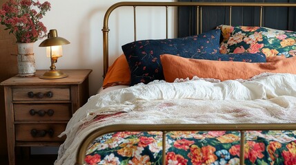 Bedroom with a bed in the center. the bed has a gold metal headboard and is covered with a white comforter with a floral pattern.
