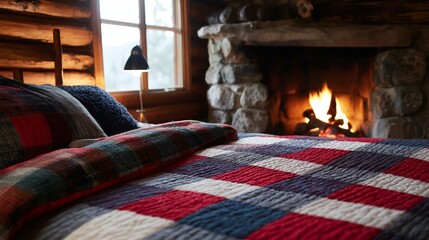 Cozy bedroom with a fireplace in the background. the fireplace is made of stone and has a fire burning inside. the room has wooden walls and a window with a view of trees outside.
