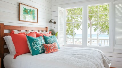 Bedroom with a large window on the right side of the room. the window has white shutters and offers a beautiful view of the ocean.